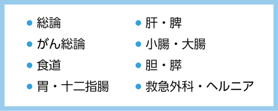 総論・がん総論・食道・胃・十二指腸・肝・脾・小腸・大腸・胆・膵・救急外科・ヘルニア